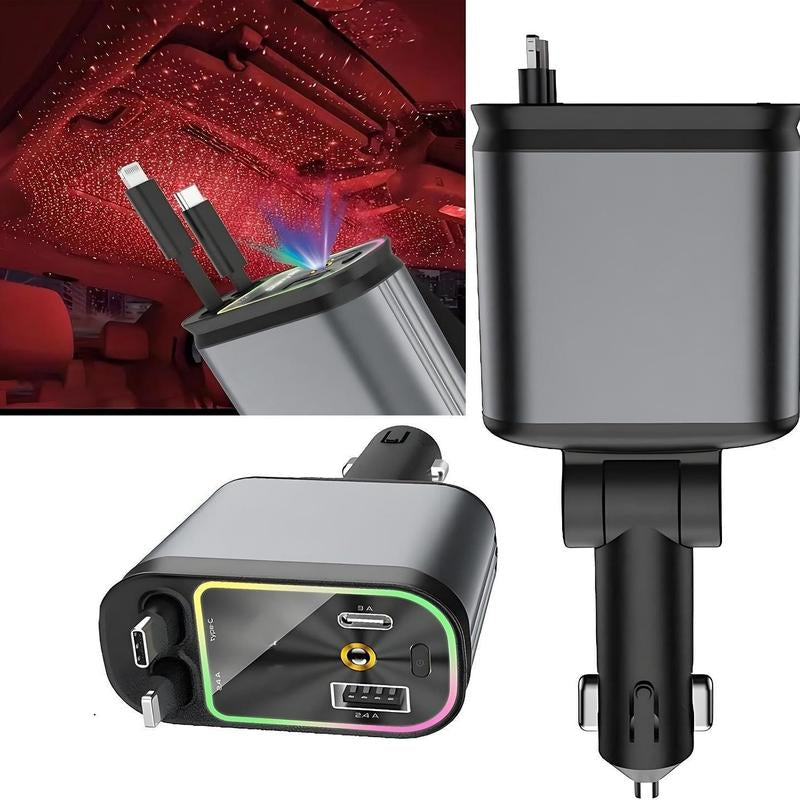 Car Charger with Starlight, 4 in 1 Retractable 66W USB C Car Charger with 2 USB Ports, Fast Car Charger Compatible with Iphone 16 and Android
