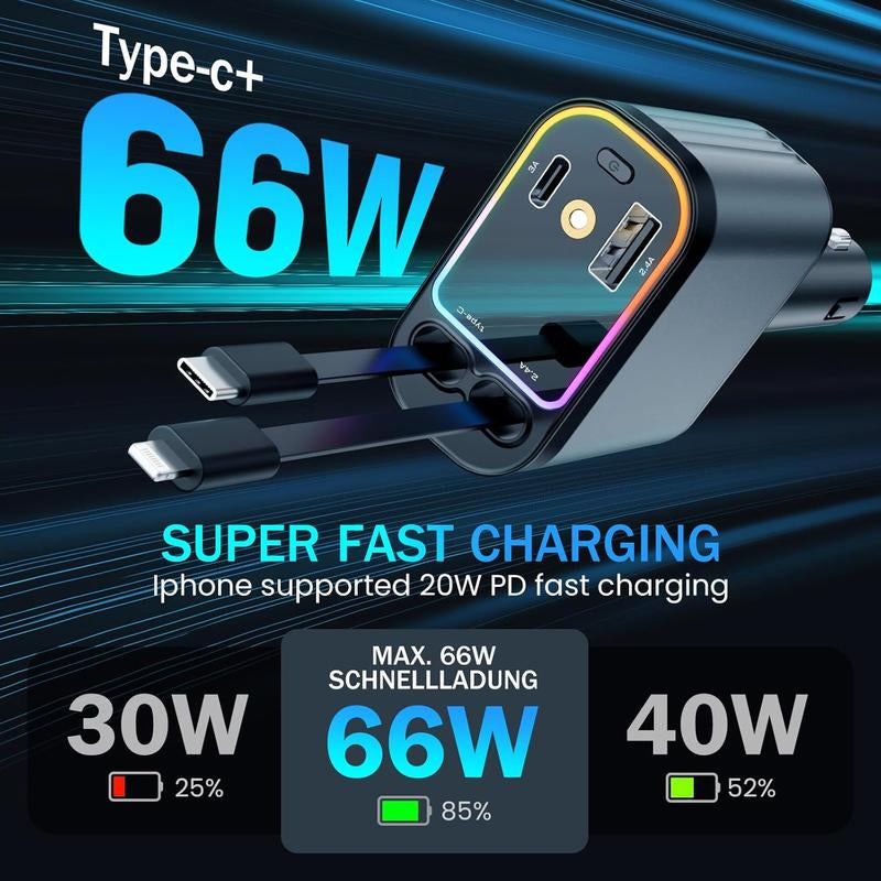 Car Charger with Starlight, 4 in 1 Retractable 66W USB C Car Charger with 2 USB Ports, Fast Car Charger Compatible with Iphone 16 and Android