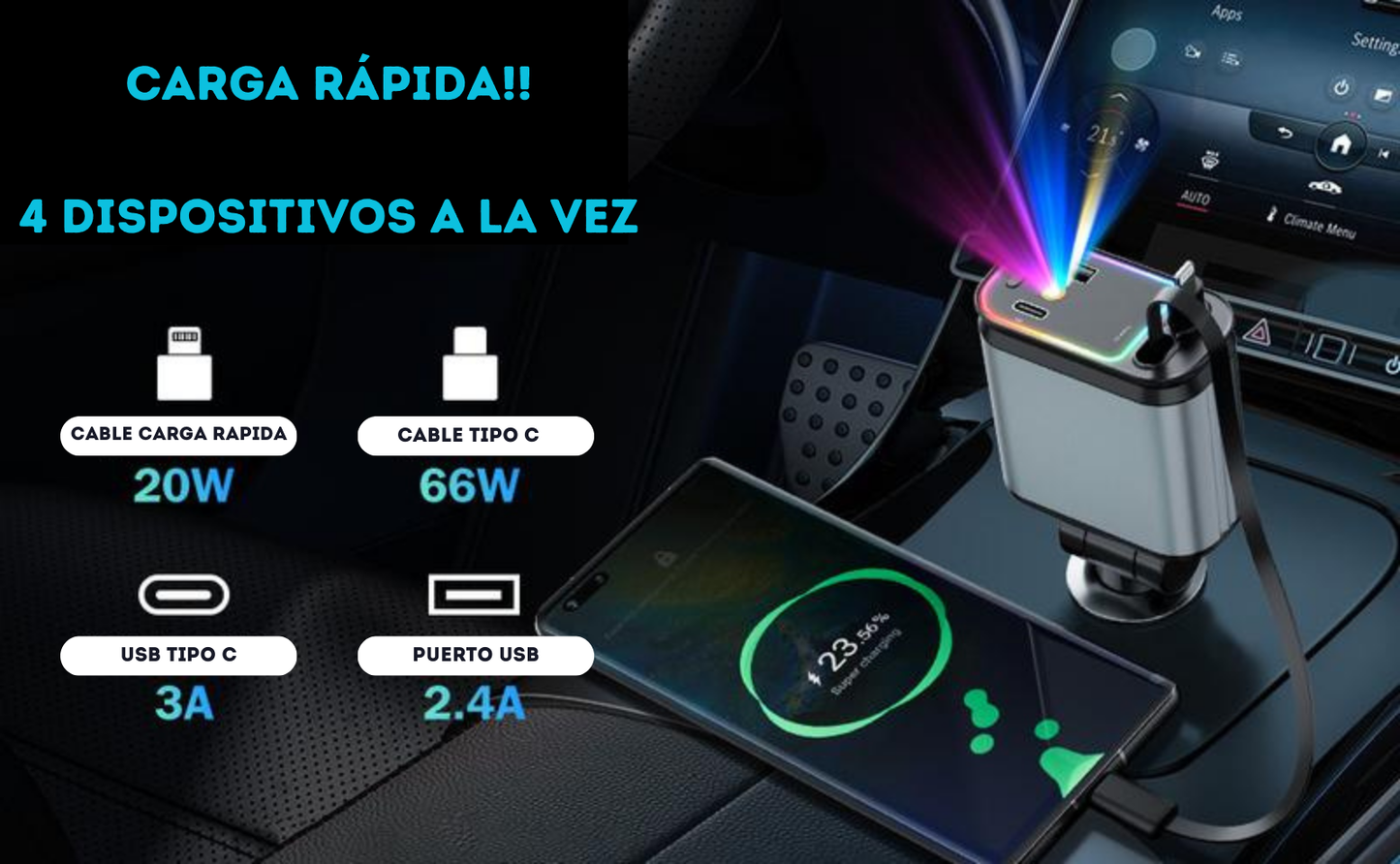 ¡Súper CARgador 4 en 1 para tu coche!