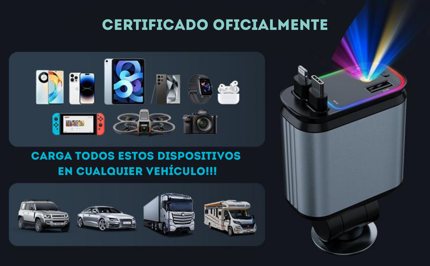 ¡Súper CARgador 4 en 1 para tu coche!