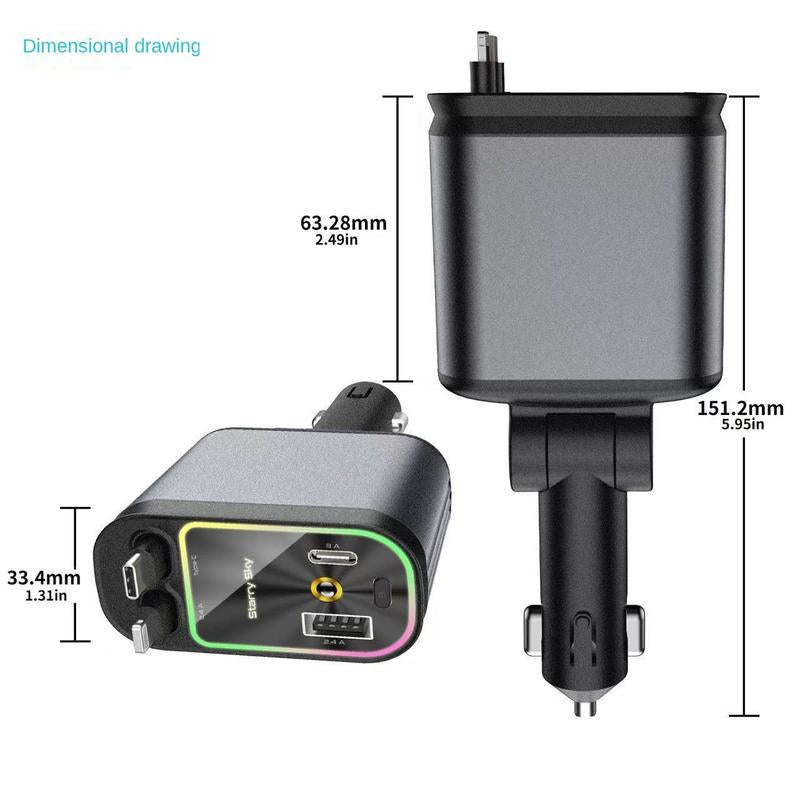 Car Charger with Starlight, 4 in 1 Retractable 66W USB C Car Charger with 2 USB Ports, Fast Car Charger Compatible with Iphone 16 and Android
