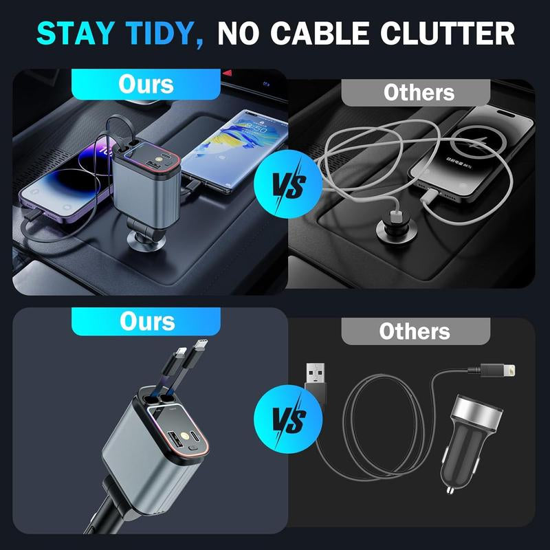 Car Charger with Starlight, 4 in 1 Retractable 66W USB C Car Charger with 2 USB Ports, Fast Car Charger Compatible with Iphone 16 and Android