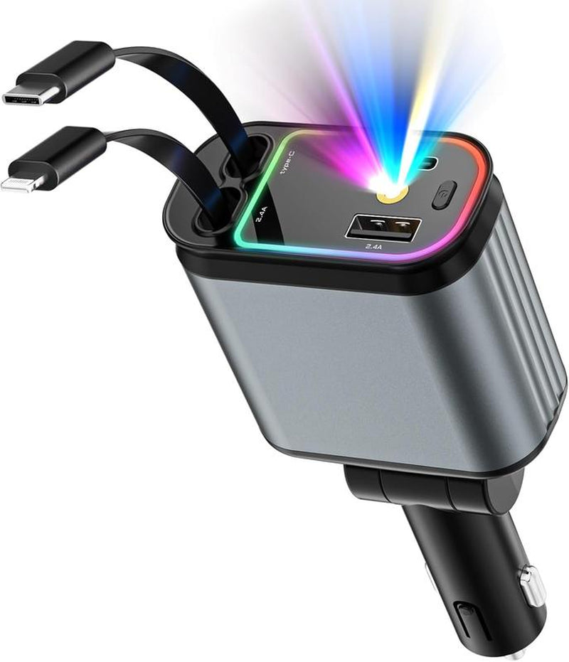 Car Charger with Starlight, 4 in 1 Retractable 66W USB C Car Charger with 2 USB Ports, Fast Car Charger Compatible with Iphone 16 and Android