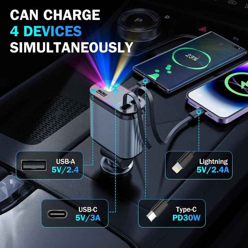 Car Charger with Starlight, 4 in 1 Retractable 66W USB C Car Charger with 2 USB Ports, Fast Car Charger Compatible with Iphone 16 and Android
